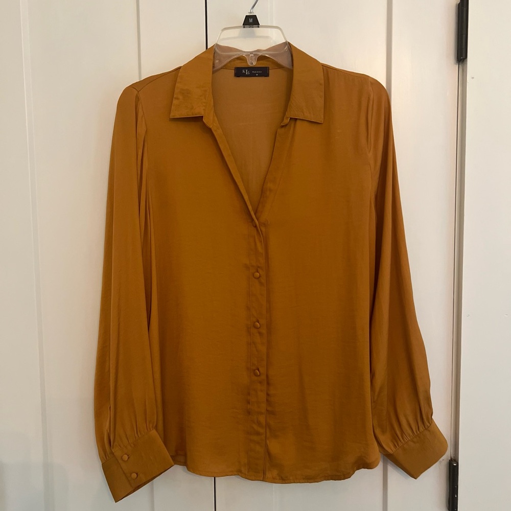 KLD Mustard Satin Button-Down Blouse M